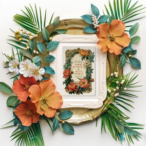 May include: A white frame with a floral design and the text "Save the Date for the wedding of Mark Anthony &  Alana James June 1st, 2024"  surrounded by green leaves and orange flowers.