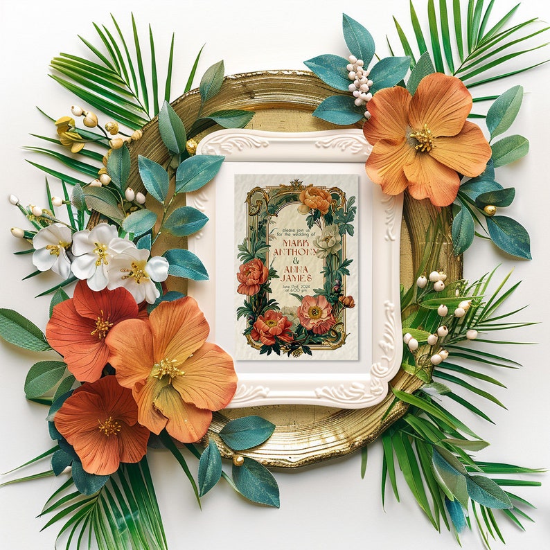 May include: A white frame with a floral design and the text "Save the Date for the wedding of Mark Anthony &  Alana James June 1st, 2024"  surrounded by green leaves and orange flowers.