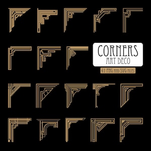 Peut inclure: Une collection de quinze motifs d'angle géométriques de couleur beige disposés en grille sur un fond noir. Une étiquette rectangulaire blanche présente le texte noir CORNERS ART DECO et 41 PNG AND SVG FILES, indiquant le contenu du fichier.