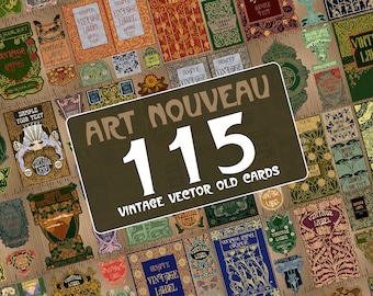 May include: A collage of 115 vintage vector old cards in the Art Nouveau style. The cards feature intricate floral designs, geometric patterns, and typography in a variety of colors, including green, brown, red, blue, and yellow.