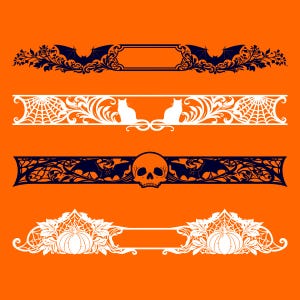 May include: Four horizontal decorative borders on an orange background. The top border is black with bats and floral motifs. The second is white with spiderwebs and cats. The third is black with bats and a skull. The bottom is white with pumpkins.