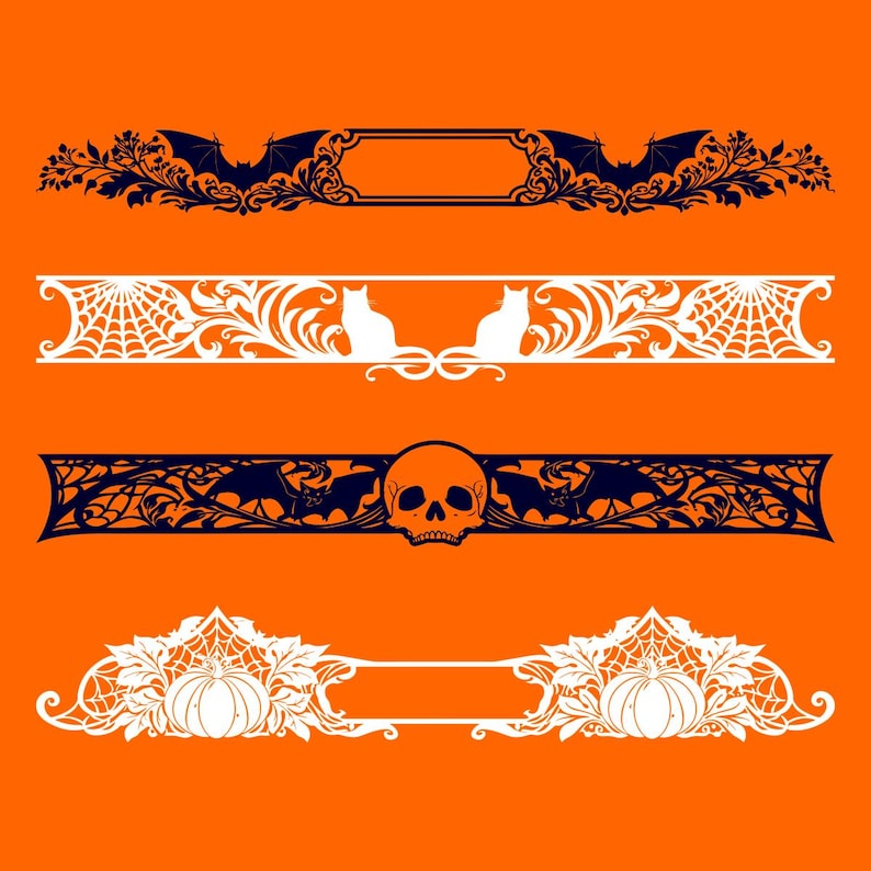 May include: Four horizontal decorative borders on an orange background. The top border is black with bats and floral motifs. The second is white with spiderwebs and cats. The third is black with bats and a skull. The bottom is white with pumpkins.