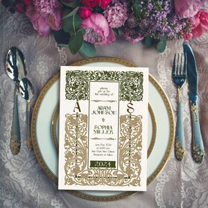 Elegantes Jugendstil-Hochzeits-Einladungs-Set mit Vintage-Blumenmuster und skurriler Detailkarte