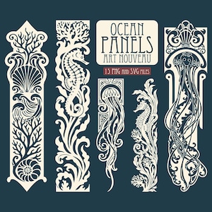May include: A collection of five vertical panels featuring cream-colored illustrations of sea life including seahorses, jellyfish, coral, and shells on a dark blue background. The text reads OCEAN PANELS ART NOUVEAU and 15 PNG and SVG FILES.