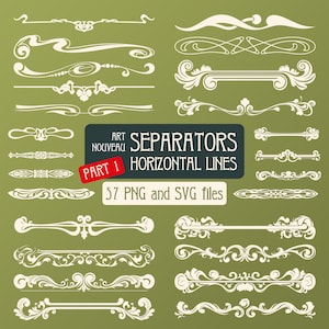 May include: A set of 57 Art Nouveau style horizontal separators, or divider lines, in white on a green background. The text "Art Nouveau Separators Horizontal Lines Part 1" is in a white box with a red border. The text "57 PNG and SVG files" is below the box.