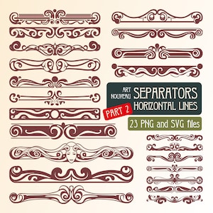 May include: A set of 23 decorative horizontal line separators in a brown color. The separators are in the Art Nouveau style and feature intricate floral designs. The text "Separators Horizontal Lines" and "23 PNG and SVG files" is included in the image.