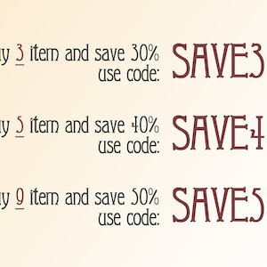 May include: Text graphic with three discount offers. Buy 3 items and save 30% with code SAVE30. Buy 5 items and save 40% with code SAVE40. Buy 9 items and save 50% with code SAVESO.