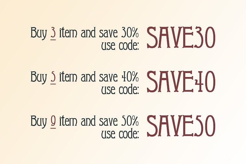 May include: Text graphic with three discount offers. Buy 3 items and save 30% with code SAVE30. Buy 5 items and save 40% with code SAVE40. Buy 9 items and save 50% with code SAVESO.