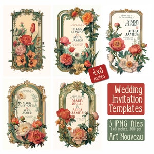 Hochzeitseinladung - Vorlagen für Hochzeiten im Jugendstil - digitale Illustration, vintage Cover, PNG, Kunst digitaler Download, Vintage-Karte, 10,5x15 cm