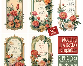 May include: Set of four 4x6 inch wedding invitation templates featuring ornate frames with floral designs in shades of pink, white, and orange. The text on the invitations reads "Please join us for the wedding of Mark... & Anna..."