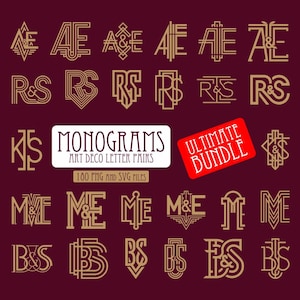 Può includere: Una collezione di monogrammi di coppie di lettere Art Déco dorate su sfondo bordeaux. L'immagine include il testo "MONOGRAMS ART DECO LETTER PAIRS 100 PNG AND SVG FILES" e un adesivo rosso "ULTIMATE BUNDLE".