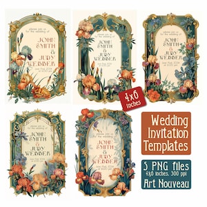 Hochzeitseinladung - Vorlagen für Hochzeiten im Jugendstil - digitale Illustration, vintage Cover, PNG, Kunst digitaler Download, Vintage-Karte, 10,5x15 cm