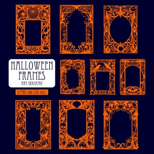 May include: Nine orange decorative frames on a dark blue background. The frames feature intricate Halloween-themed designs including spiderwebs, bats, pumpkins, skulls, ravens, and witch hats. Text reads: HALLOWEEN FRAMES ART NOUVEAU 9 PNG AND SVG FILES.