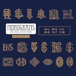 May include: Gold Art Deco letter pair monograms on a dark blue background. The image includes the text "MONOGRAMS ART DECO LETTER PAIRS" and "36 PNG AND SVG FILES". Various letter combinations are displayed, such as B+L, B+S, L+C, M+B, S+T, and C+B.
