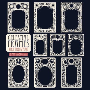 May include: Nine rectangular frames with intricate white line art on a dark background. The designs feature celestial motifs including suns, moons, and stars. Text on the left reads: CELESTIAL FRAMES ART NOUVEAU 9 PNG and SVG FILES.