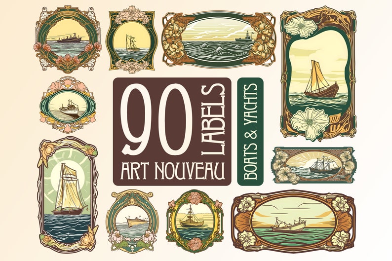 Art Nouveau Digital Labels With Boats & Yachts, Ships for Wedding ...