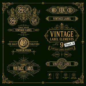 May include: A collection of vintage label elements in gold on a dark green background. The design includes ornate borders, banners, and circular emblems. Text includes "Vintage Label," "Germany-Munchen," and "Since 1900."