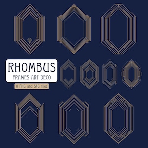 May include: A set of Art Deco rhombus frames in gold against a dark blue backdrop. The image features nine PNG and SVG files with diverse geometric designs. The text "RHOMBUS FRAMES ART DECO" is shown within a white rectangle.