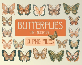 Butterflies Art Nouveau clipart, digital cottagecore illustration art nouveau style, wedding butterfly, transparent, png, Digital Download