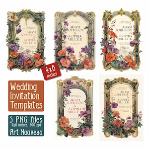Bruiloften uitnodiging sjablonen frames art nouveau - digitale afbeelding, vintage omslag, png, kunst digitale download, vintage kaart, 4 x 6 inch