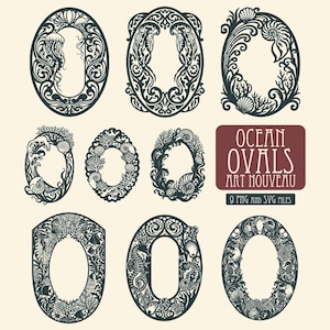 May include: A collection of nine dark gray oval frames featuring intricate marine-themed designs with jellyfish, seashells, coral, and seahorses. A maroon rectangular label displays the text OCEAN OVALS ART NOUVEAU 9 PNG AND SVG FILES.