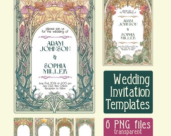 May include: Six Art Nouveau wedding invitation templates in PNG format. The templates feature intricate floral designs in shades of green, pink, and yellow. The text on the invitations reads "Please join us for the wedding of Adam Johnson & Sophia Miller".