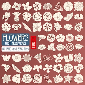 Ensemble de 64 fleurs Art nouveau PNG et SVG, illustration vectorielle, fond transparent, éléments vintage, téléchargement numérique, isolé