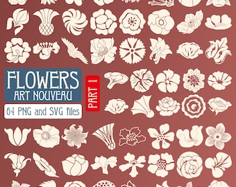 Blumen im Jugendstil-Set 64 PNG & SVG, Vektor-Illustration, transparenter Hintergrund, Vintage-Elemente, digitaler Download, einzeln