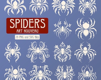 26 jugendspindlar SVG PNG | Vintage spindelclipart, gotiska ornamentala illustrationer, dekorativa insektselement
