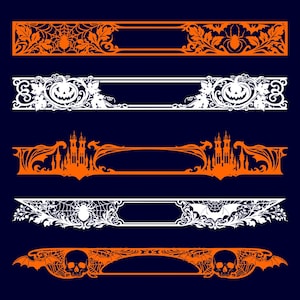 May include: A set of five horizontal decorative banners featuring Halloween motifs. The designs include orange and white patterns of spider webs, spiders, bats, jack-o'-lanterns, haunted castles, and skulls, all arranged in rectangular frames.