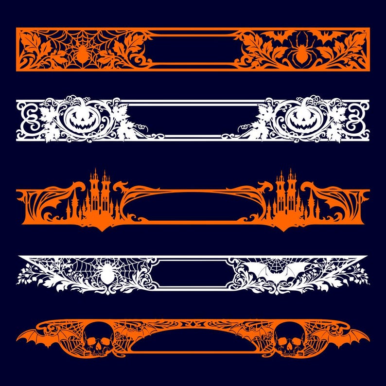 May include: A set of five horizontal decorative banners featuring Halloween motifs. The designs include orange and white patterns of spider webs, spiders, bats, jack-o'-lanterns, haunted castles, and skulls, all arranged in rectangular frames.