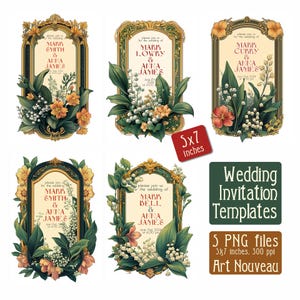 Molduras para convites de casamento Art Nouveau - ilustração digital, capa vintage, PNG, download digital de arte, cartão vintage, 5x7 polegadas