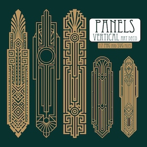 May include: Five vertical gold-colored panels with geometric patterns on a dark green background. The text reads PANELS VERTICAL ART DECO and 17 PNG AND SVG FILES. Each panel features distinct symmetrical lines, circles, and angular shapes.