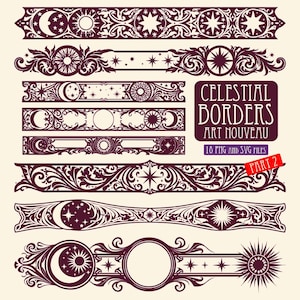 Puede incluir: Una colección de bordes decorativos de color morado oscuro con motivos celestiales que incluyen lunas, soles y estrellas con volutas intrincadas. El texto dice CELESTIAL BORDERS ART NOUVEAU, 18 PNG AND SVG FILES y PART 2. Estos elementos gráficos están dispuestos horizontalmente.