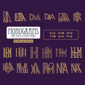 May include: Gold Art Deco letter pair monograms on a dark purple backdrop. The image features the text "MONOGRAMS ART DECO LETTER PAIRS 36 PNG AND SVG FILES" and letter combinations including D+A, H+M, R+S, T+M, N+A, and P+S. The design is reminiscent of the 1920s.