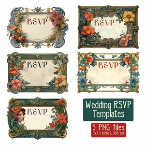 Weddings RSVP templates frames Art Nouveau - digital illustration, vintage cover, PNG, Art digital download, vintage card, 5x3.5 inches