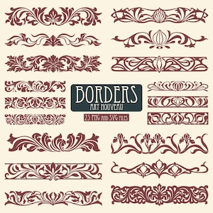 Könnte beinhalten: Eine Sammlung dunkelroter dekorativer Bordüren mit komplexen Blumen- und Blattmustern auf cremefarbenem Hintergrund. Der zentrale Text lautet BORDERS ART NOUVEAU 25 PNG AND SVG FILES. Diese grafischen Elemente zeigen symmetrische Designs.