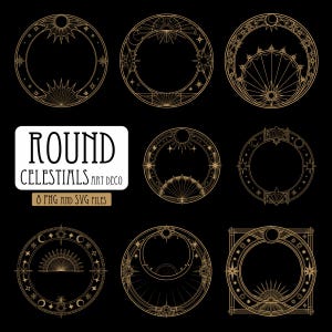 May include: A digital collection of eight circular frames featuring gold-colored celestial line art on a black background. The designs include sunbursts, stars, and crescent moons. Text on the image reads: ROUND CELESTIALS ART DECO 8 PNG AND SVG FILES.