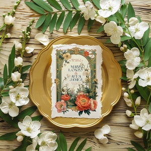 May include: A white wedding invitation with a green, gold, and red floral design. The invitation reads "Please join us for the wedding of Mark Lowby & Anna James, July 11th, 2024, at 5:00 PM".
