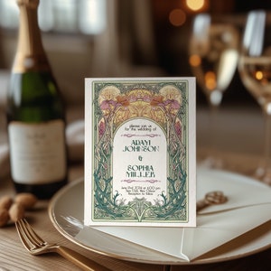 Plantilla de invitación de boda con flores estilo Art Nouveau vintage, tarjeta con detalles de invitación, etiqueta vintage Art Nouveau, tarjeta RSVP Art Nouveau, estilo boho