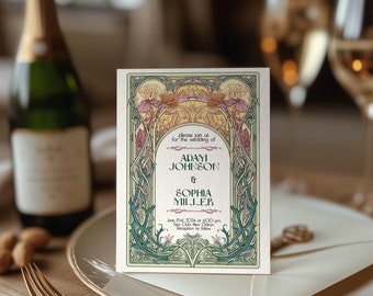 May include: A wedding invitation with an art nouveau design featuring a floral border in shades of green, pink, and yellow. The invitation reads "Please join us for the wedding of Adam Johnson & Sophia Miller June 2nd, 2024 at 6:00 pm Sea Club, New Orleans Reception to follow"