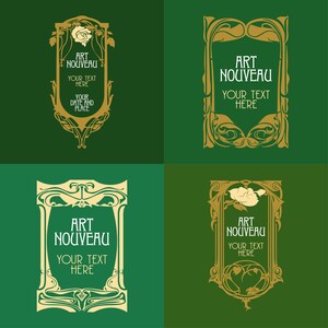 Pode incluir: Quatro molduras diferentes no estilo Art Nouveau com desenhos florais e o texto "Art Nouveau" e "Seu texto aqui".