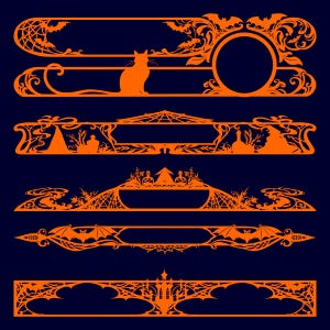 May include: A collection of six orange decorative horizontal dividers on a dark blue background. The designs feature Halloween-themed silhouettes including a cat, bats, spider webs, potion bottles, a witch hat, and a haunted house structure.