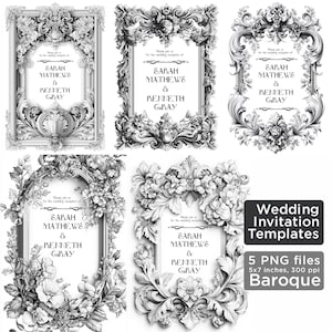Modelos de convites de casamento molduras barrocas - ilustração digital, capa vintage, PNG, download digital de arte, cartão vintage, 5x7 polegadas