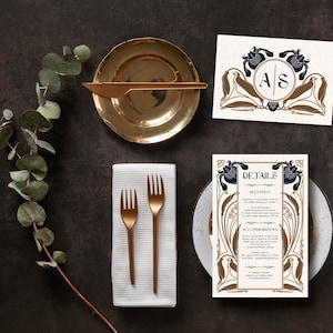 Plantilla de invitación de boda con lirios vintage Art Nouveau, tarjeta con detalles de invitación, marco vintage Art Nouveau, tarjeta RSVP Art Nouveau, SVG