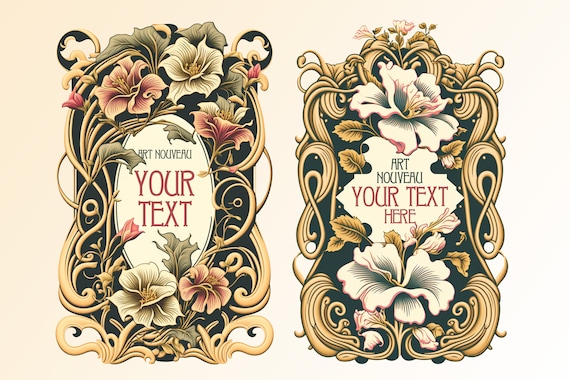 Art Nouveau Floral Labels PNG PSD, 4 Vintage Botanical Frames