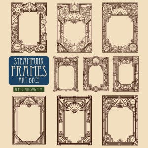 May include: Nine rectangular frames featuring intricate line art designs with gears, clock faces, and geometric patterns. A blue rectangular label displays the text STEAMPUNK FRAMES ART DECO, with a smaller green label stating 9 PNG AND SVG FILES.