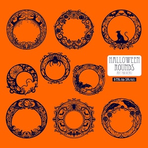 Puede incluir: Una colección de nueve marcos circulares azul oscuro sobre un fondo naranja, con siluetas intrincadas de Halloween que incluyen un gato, un fantasma, una araña, murciélagos, cuervos y calabazas. El texto dice: HALLOWEEN ROUNDS ART NOUVEAU 9 PNG AND SVG FILES.