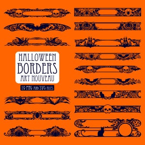 May include: A collection of dark blue decorative Halloween borders on a bright orange background. The designs feature motifs including skulls, bats, spiders, spiderwebs, pumpkins, witch hats, haunted castles, and cats. Text reads HALLOWEEN BORDERS ART NOUVEAU 19 PNG and SVG FILES.