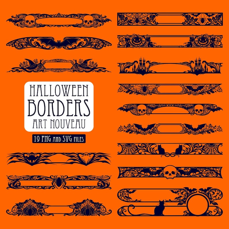 May include: A collection of dark blue decorative Halloween borders on a bright orange background. The designs feature motifs including skulls, bats, spiders, spiderwebs, pumpkins, witch hats, haunted castles, and cats. Text reads HALLOWEEN BORDERS ART NOUVEAU 19 PNG and SVG FILES.